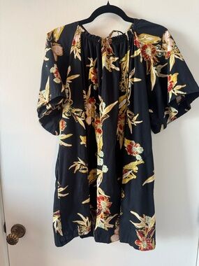 Reformation Black Floral Mini Dress with Yellow and Red Accents